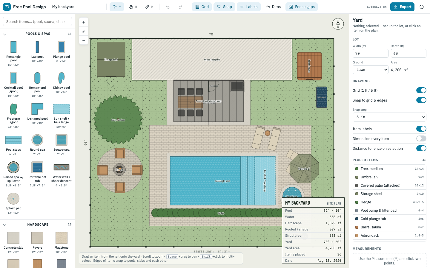 Free Pool Design — a backyard pool plan being edited in the browser, with a rectangle pool, sun shelf, spa and patio drawn to scale
