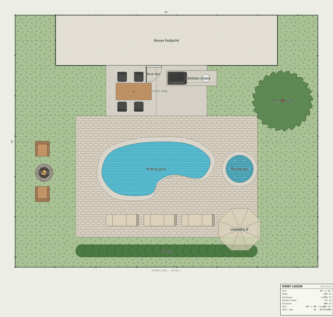Site plan of a backyard with a kidney shaped pool, spa, chaise lounges and a fire pit corner