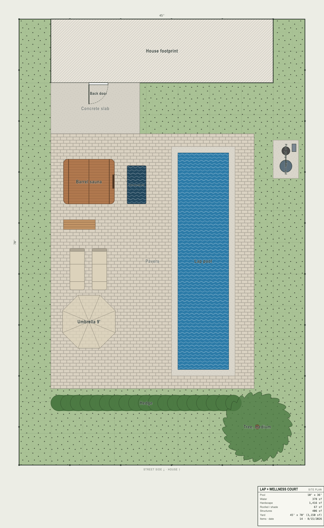 Site plan of a narrow backyard with a lap pool, barrel sauna, cold plunge and chaise lounges
